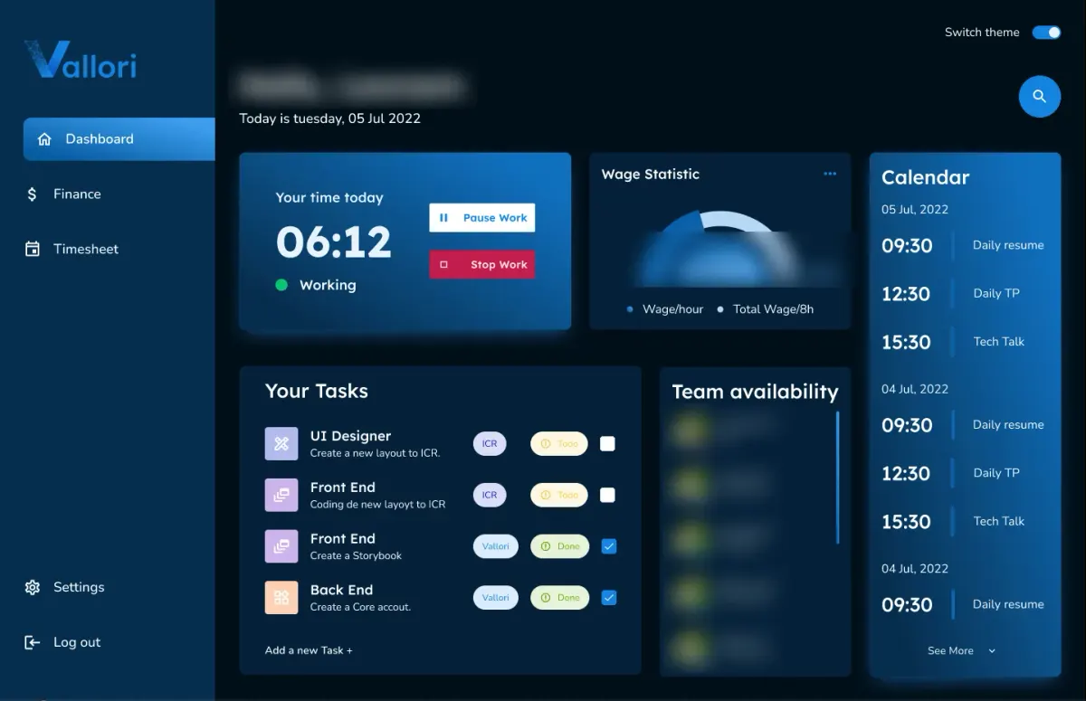 Vallori Dashboard: captura de tela da interface